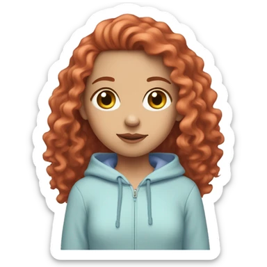 white girl with long red curly hair, wearing a pastel periwinkle hoodie doing a pose sticker