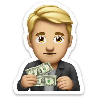Man sticking out his hand with money and a scowl  sticker