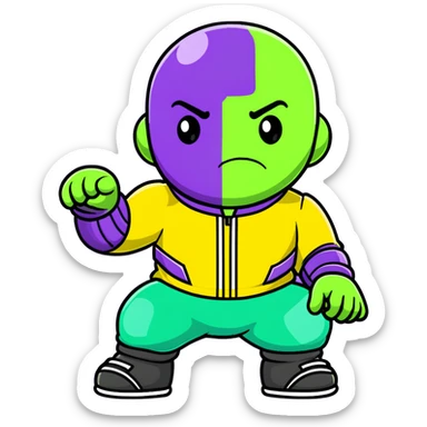 purple-skinned Thanos wearing a green Squid Game player tracksuit with number 230 sticker