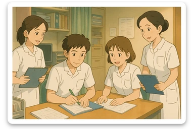 équipe de quatre étudiants infirmiers collaborant dans un poste de soin, style Ghibli, uniformes blancs à manches courtes, tuniques col en V avec poche poitrine à gauche, pas de pied de col, pas d'accessoires, ambiance conviviale sticker