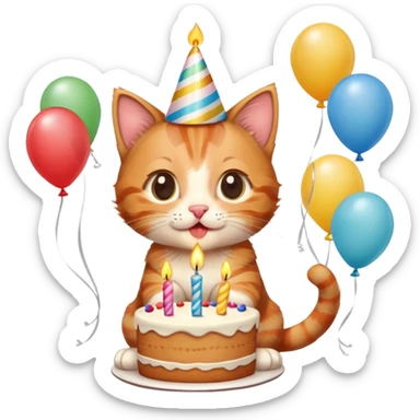 Ginger tabby kitten celebrates birthday, birthday hat, birthday cake, one candle, balloons, happy, gifts sticker