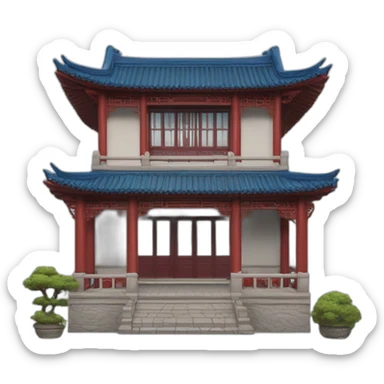 the facade of a medium-sized Chinese-style house with a blue roof and red wooden structures sticker