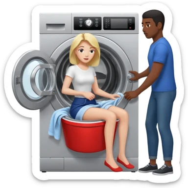 Eine Frau steckt bis zum Bauch in einer Waschmaschine fest und nur die Beine gucken raus und zwei schwarze männer ziehen an ihren Beinen um sie raus zu holen  sticker