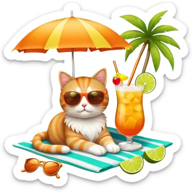 Cute cat on beach towel with a tropical mai tai drink and sunglasses sticker