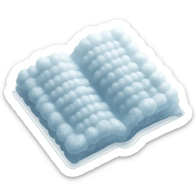 top view of a thick open book made entirely of small, very bright white fluffy convex clouds, matte glass style sticker