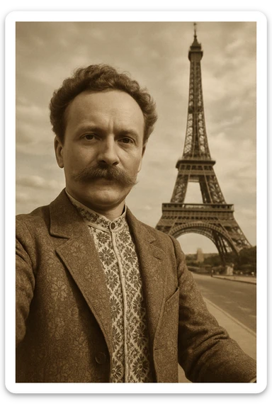 takes a selfie in front of the Eiffel Tower sticker