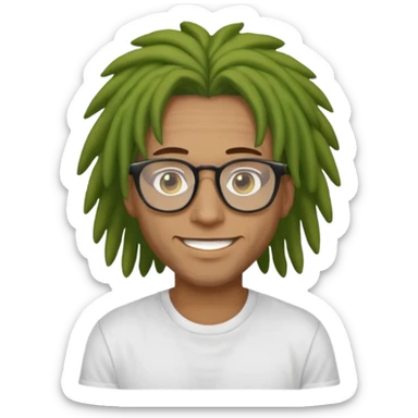 man with brown dreads white tee golden eyes light green skin glasses and white smile sticker