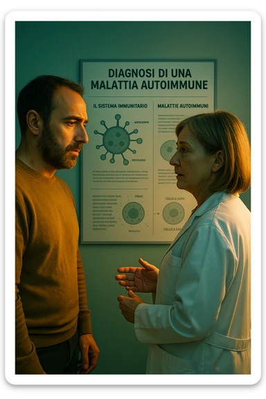 Realistic, detailed photo taken from behind of one doctor e un paziente —a bearded man and a middle-aged woman—standing and facing each other as they discuss an autoimmune disease diagnosis in front of a medical chart that displays information about the immune system and autoimmune conditions. The scene is illuminated by a yellowish, orange, warm light that softly envelops the doctors. The entire room is bathed in a single green-blue color, creating a cohesive and modern atmosphere. Both doctors wear white coats, and their body language suggests a serious, professional conversation about the complexities of autoimmune diseases. Shot with a Canon EOS R5, with high detail and natural depth of field. in italiano sticker