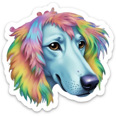 Multicolored rainbow retro groovy tie dye hippie trippy floral patterns on a metallic holographic iridescent blue dog face head unicorn sticker