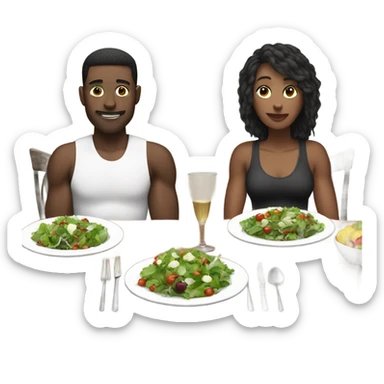 emoji Sporty white couple, man and woman in sportswear, sitting at Christmas festive dinner table only salads. behind them is a Christmas tree sticker