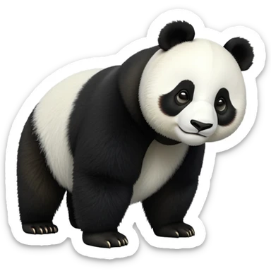 cinematic-[panda bear]-realistic-full-body-standing on all fours-emoji,-tail-tucked-close,-head-tilted-dramatically,-thick-[black and white]-fur,-simplified-yet-realistic-focused-features,-highly-detailed,-glowing-with-an-almost-sarcastic-glow sticker