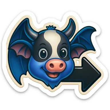 Edit the cow-bat hybrid emoji to be holding or next to a bold back arrow. Keep the same style and colors as the reference image. Ensure high visibility suitable for Discord and Slack. No background (transparent). sticker