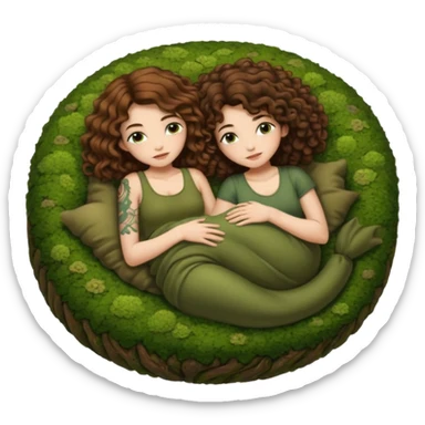 cozy moss bed — long wavy brown hair tattooed woman and short tight curly brown hair woman — curled together on moss pillow sleepy sticker