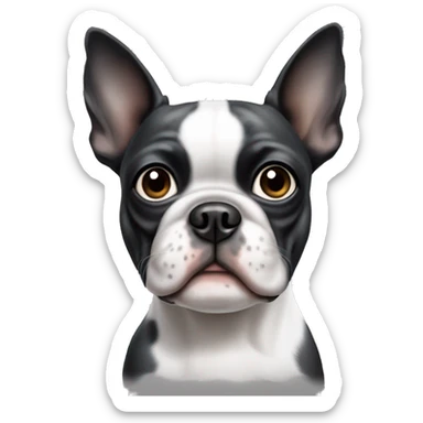 Boston terrier dog white with a grey patch over his left eye and ear sticker