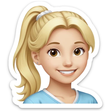 girl smiling with long blonde hair in a pony tail with a white scrunchie sticker