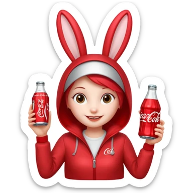 Red soda can as its head and a body resembling a bottle can . The can has large, friendly eyes and a smiling facial expression. The character’s bunny long ears are also red, and it has sliver accents on either side. The body displays the Coca-Cola logo prominently. sticker