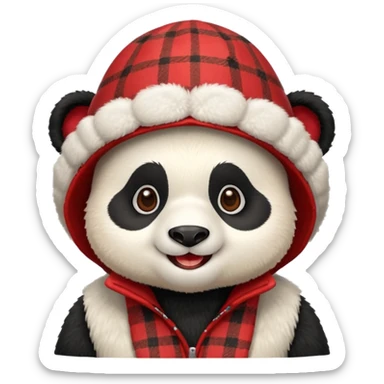 Photorealistic close-up of a cute, smiling panda wearing a red patterned winter trapper hat. Happy expression, cheerful vibe. Simple studio background. Detailed textures, sharp focus sticker