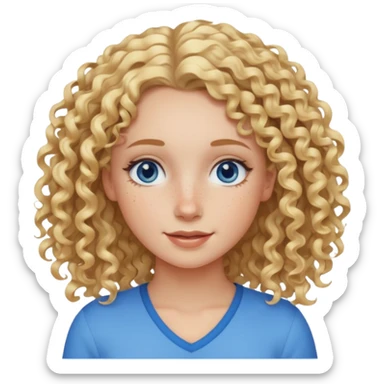 Friendly looking white girl with curly, blonde hair, blue eyes, and freckles. sticker