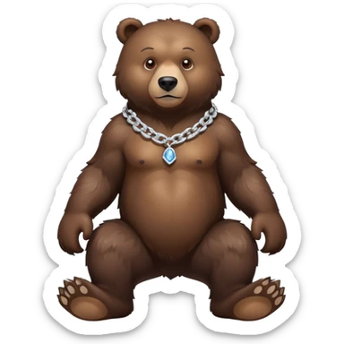 Full-body dark brown bear with rich detailed fur, entire bear shown realistically on four paws, stern look, ice chain necklace, natural stance sticker