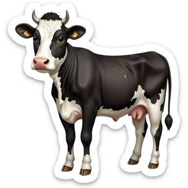 Cinematic Noble Black and White Cow Portrait Emoji, Poised and regal, with a large, sturdy build and a striking, well-groomed coat of pure black accented by crisp white patches, deep-set soulful brown eyes, Simplified yet sharp and sophisticated features, highly detailed, glowing with a soft, dignified glow, high shine, intelligent and calm, stylized with an air of modern elegance, focused and attentive, soft glowing outline, capturing the essence of a watchful and confident bovine guardian, so majestic it feels as though it could stride out of the screen with effortless authority! sticker