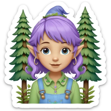 Kind happy whimsical quirky Girl toymaker, wood carving elf. Woodland nature creator. Blue eyes. Short bob, brown wavy hair with bangs. Whimsical playful cute. Overalls with nature embroidered cute shirt collar. Light green, light purple and light blue colour aesthetic  sticker