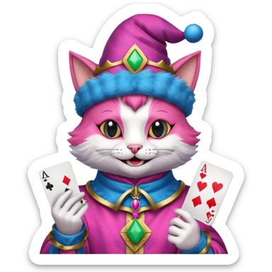 court jester cat medieval, poker card ace, pink and blue sticker