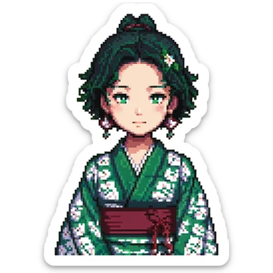 Tanjiro Kamado, pixel art style, green checkered haori, hanafuda earrings, short black hair with burgundy tips sticker
