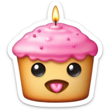 Pink small puncake with candle, and two eyes, two protruding teeth. sticker