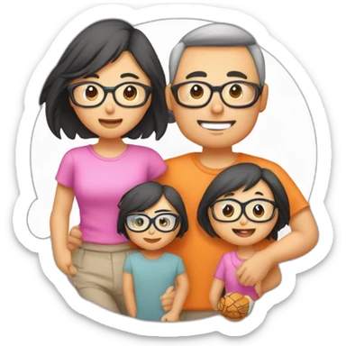 Famille 4 personne un fils aîné avec un t-shirt de basket une fille cadette au cheveux long avec des lunette un père asiatique une mère avec des formes sticker