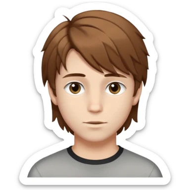 A young white boy with brown hair and eyes, with slightly long, straight and disheveled hair with wolfcut haircut, Make it look aesthetic, it's a trans boy sticker