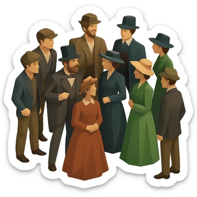 Remove the background to keep only the group of 19th century people in isometric full body view. They wear period-appropriate clothing and hats, standing together in dynamic poses. Transparent background, no text. sticker