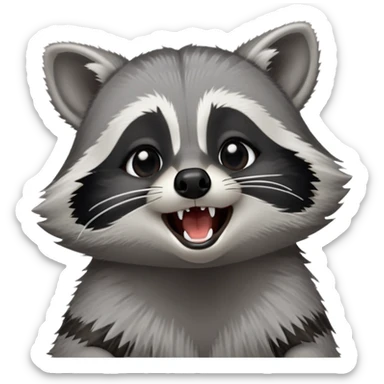 Cinematic-cute realistic- Yawning Raccoon-Portrait-Emoji – Poised and confident, wide-open yawn, revealing a soft grey with a sturdy build and a beautifully textured fur of silver-grey accented by dark black facial markings, deep-set, big black eyes, simplified yet sharp and sophisticated zoom out to show shoulders sticker