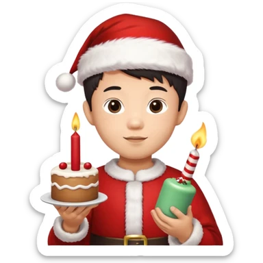 An Asian boy holding a small cake with a candle, Santa Claus in the background sticker