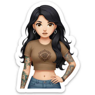 A girl with fair skin, long black hair with big waves, tattoos on her arms, wearing a brown navel-revealing short-sleeved shirt, and a navel piercing sticker