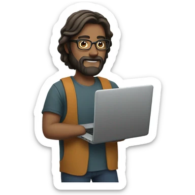 A guy with semi-long hair, beard and glasses holding laptop sticker