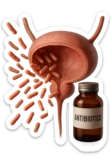 batteri intestinali che migrano ed entrano in una vescica anatomica realistica per infettarla, davanti a lei fluttua una boccetta con la scritta "ANTIBIOTICO", iperrealistico 4k sticker