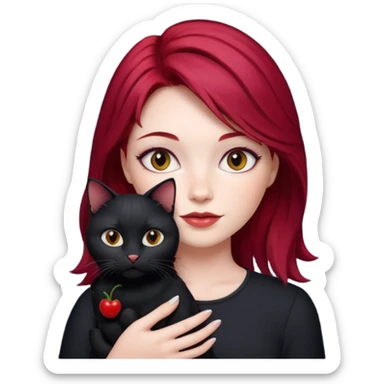 Woman with cherry red hair and white skin holding a black cat sticker