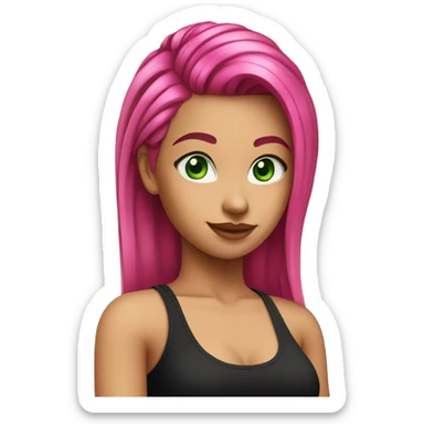 a girl with green eyes and long hot pink hair wearing a black tank top, slicked back hairstyle sticker