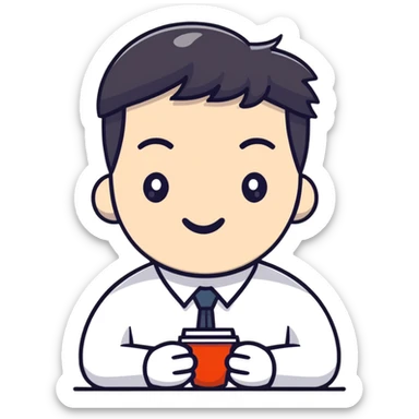 Tired Korean male office worker with coffee sticker