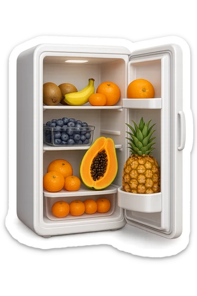 emoji stile iphone di un frigo aperto con dentro ben visibili questi alimenti: Kiwi
Banana acerba
Arance e mandarini
Mirtilli
Ananas
Papaya
IPERREALISTICO 4K sticker