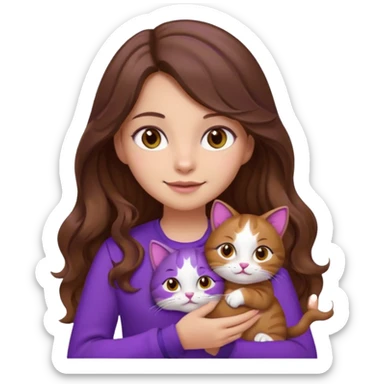 a girl with long wavy brown hair and brown eyes, wearing purple clothes, holding a three-color cat, emoji style sticker