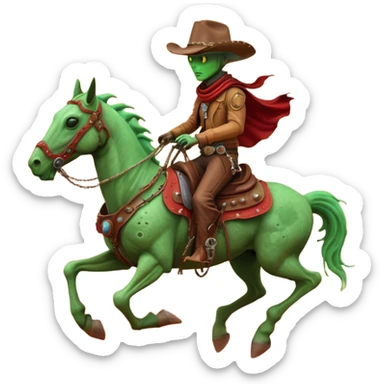 An alien cowboy riding a mechanical horse across a red Martian desert, two moons in the sky, dust storm swirling, wide cinematic shot, dramatic composition, hyper detailed, sci-fi western fusion sticker
