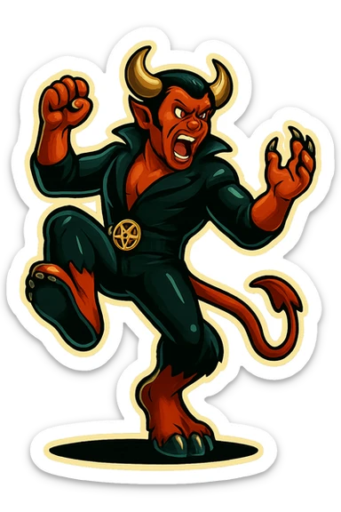 Create an image of the character performing a big, dramatic stomp with one foot raised and coming down, in the same retro sticker style. The background should be transparent and no other characters or elements should be included, just the stomp pose. sticker