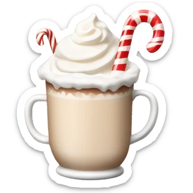beige hot chocolate with marshmallows and whipped cream and candy cane sticker