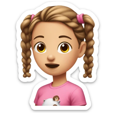 girl with two brown pigtails in pink t-shirt sends an air kiss sticker