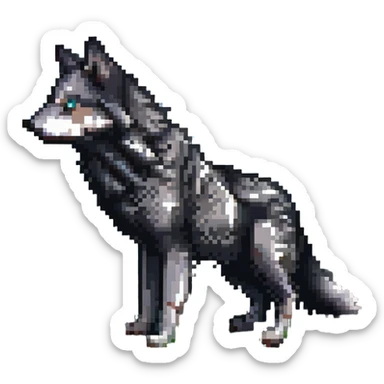 Create a Minecraft style wolf using blocky, pixelated, and realistic texture style. Place the wolf in a grassy Minecraft landscape with a blue sky and clouds, matching the style of the reference image. sticker