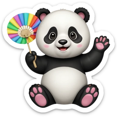 A panda waving a painted fan joyfully, cheeks puffed in excitement sitting
 sticker