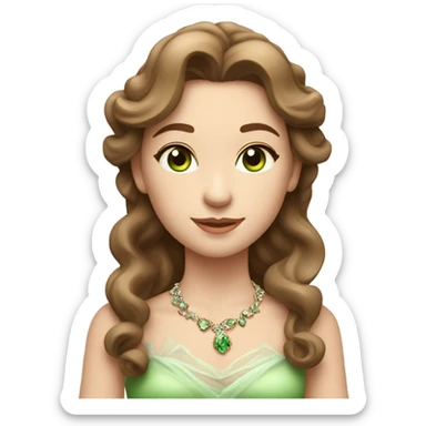 girl with brown hair. they are beautifully styled in a light wave. A small tiara in her hair. The eyes are green. The face is slightly rounded. The girl is dressed in a delicate and elegant carpet. Decoration on the neck and earrings in the ears

 sticker
