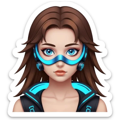 neon cyberpunk style 
girl with brown hair and blue eyes wearing a mask sticker