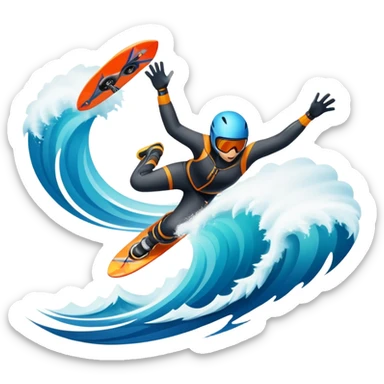 An emblematic symbol featuring a stylized figure in mid-action, representing extreme sports. The design incorporates dynamic lines and bold shapes, with elements like mountains, waves, and flying objects, capturing the thrill and adrenaline of various extreme sports in a single, unified icon. sticker